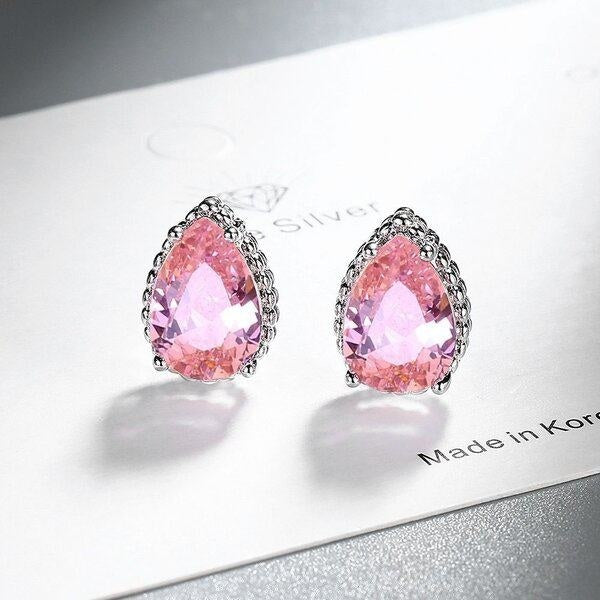 Set Bijuterii Femei Lant Si Cercei Piatra Roz Pink, Forma Lacrima, Argint 925iu Zirconiu Cubic Zircon 5.7g