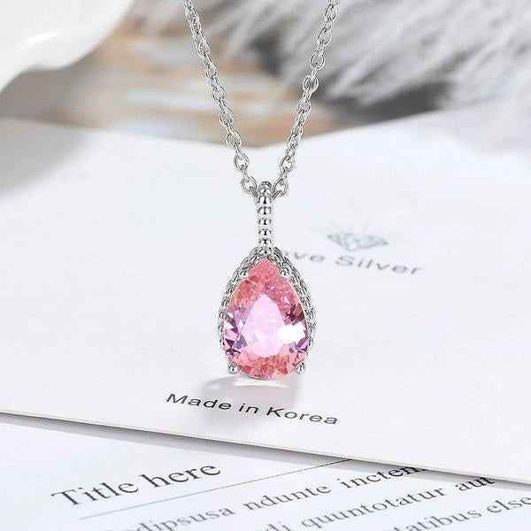 Set Bijuterii Femei Lant Si Cercei Piatra Roz Pink, Forma Lacrima, Argint 925iu Zirconiu Cubic Zircon 5.7g