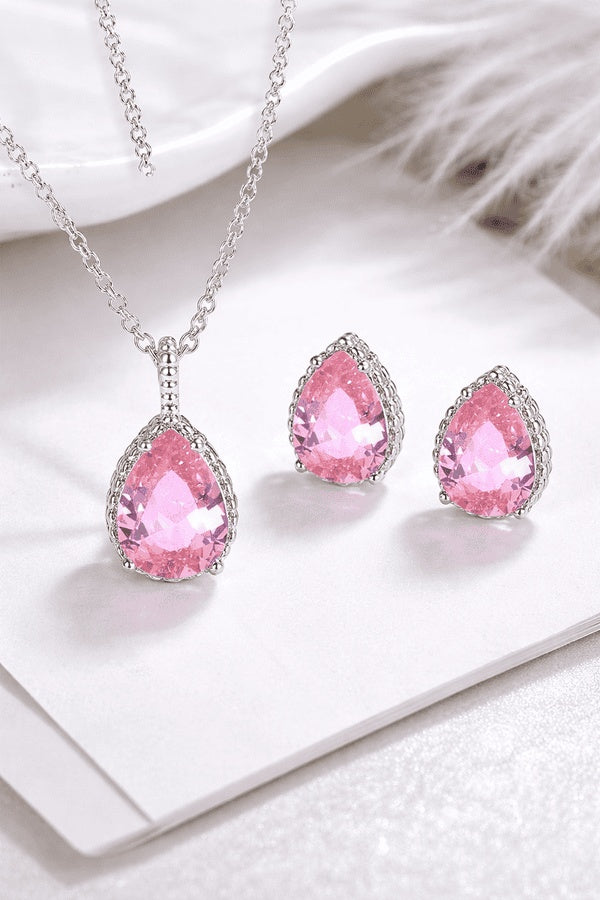 Set Bijuterii Femei Lant Si Cercei Piatra Roz Pink, Forma Lacrima, Argint 925iu Zirconiu Cubic Zircon 5.7g