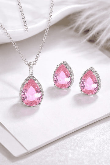 Set Bijuterii Femei Lant Si Cercei Piatra Roz Pink, Forma Lacrima, Argint 925iu Zirconiu Cubic Zircon 5.7g