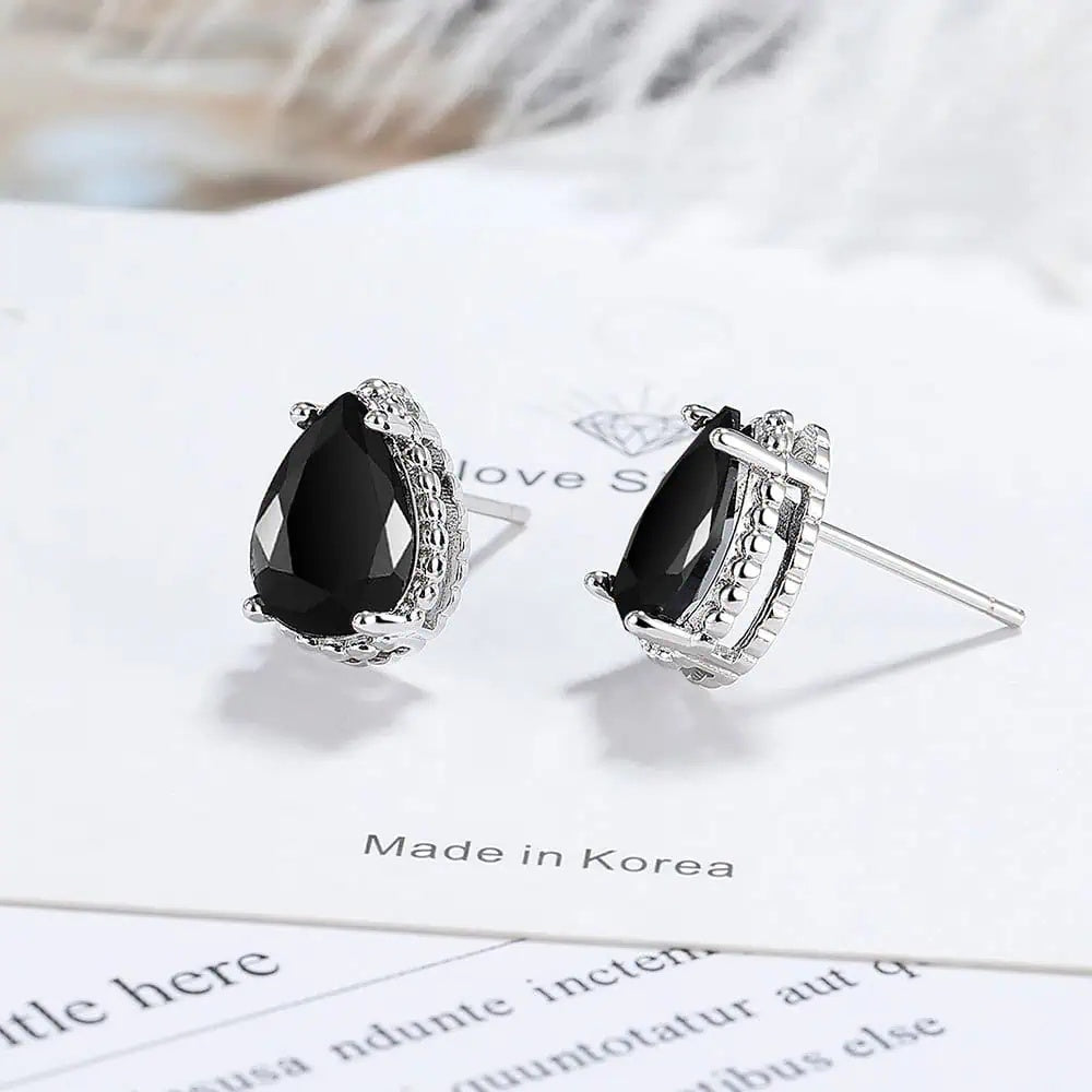 Set Bijuterii Lant Si Cercei Piatra Neagra, Forma Lacrima, Argint 925iu Zirconiu Cubic Zircon SET203Ne Femei