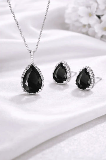 Set Bijuterii Lant Si Cercei Piatra Neagra, Forma Lacrima, Argint 925iu Zirconiu Cubic Zircon SET203Ne Femei