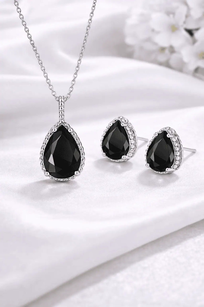 Set Bijuterii Lant Si Cercei Piatra Neagra, Forma Lacrima, Argint 925iu Zirconiu Cubic Zircon SET203Ne Femei