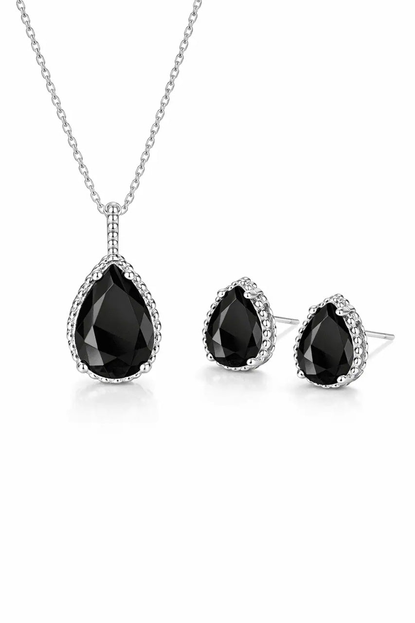 Set Bijuterii Lant Si Cercei Piatra Neagra, Forma Lacrima, Argint 925iu Zirconiu Cubic Zircon SET203Ne Femei