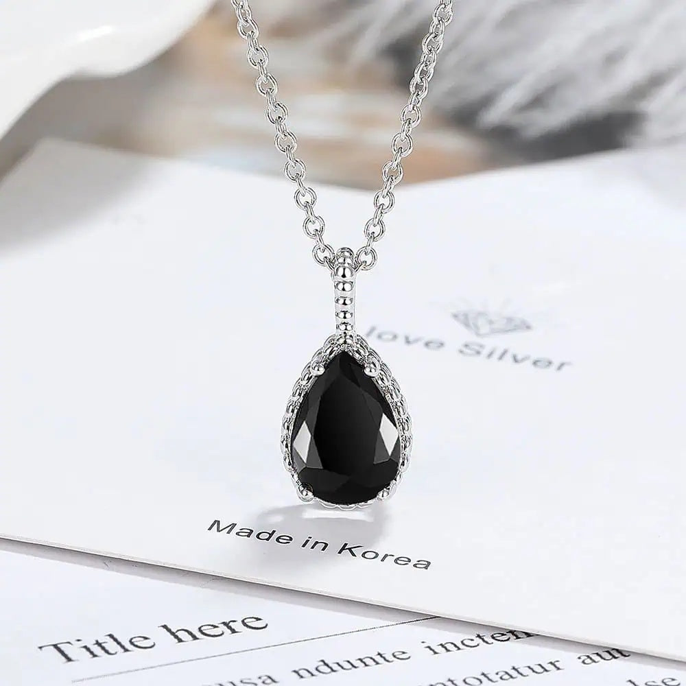 Set Bijuterii Lant Si Cercei Piatra Neagra, Forma Lacrima, Argint 925iu Zirconiu Cubic Zircon SET203Ne Femei