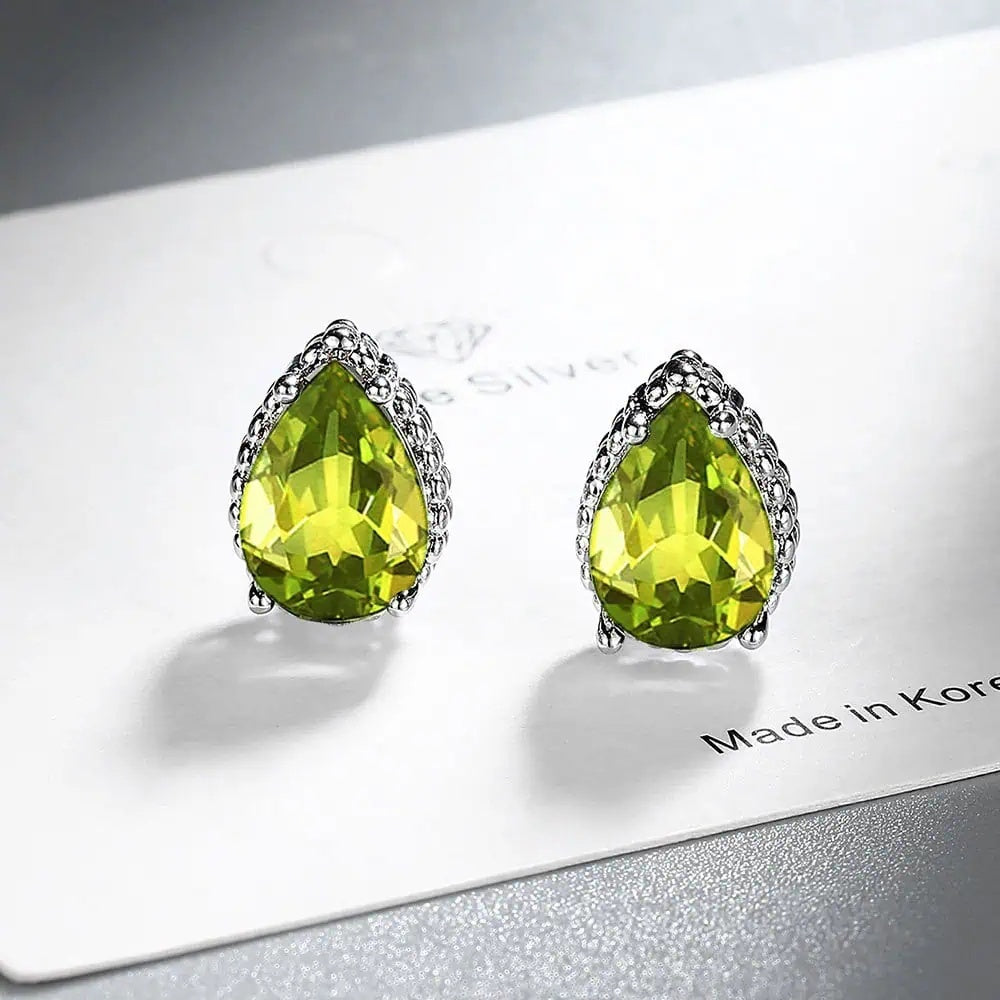 Set Bijuterii Lant Si Cercei Piatra Verde Galben, Forma Lacrima, Argint 925iu Zirconiu Cubic Zircon 5.7g