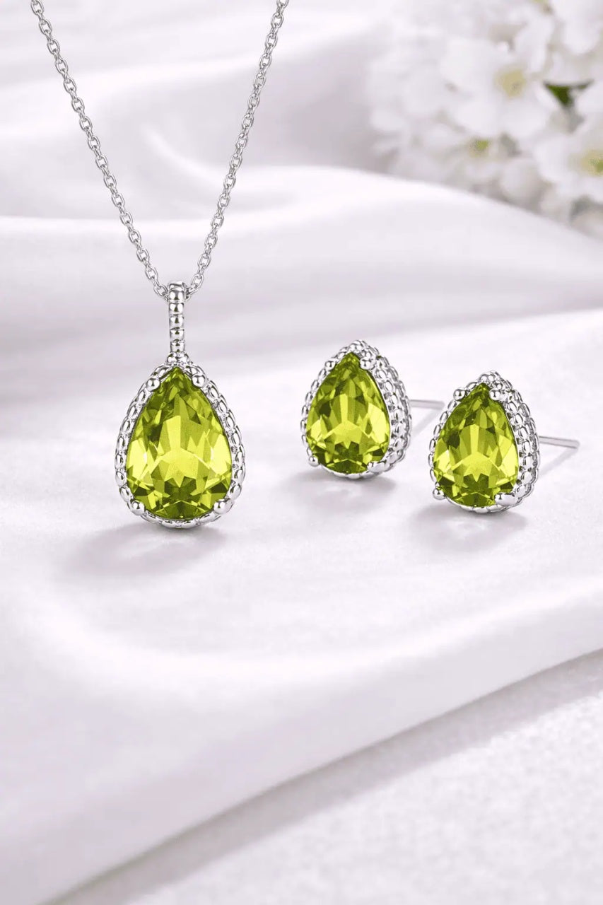 Set Bijuterii Lant Si Cercei Piatra Verde Galben, Forma Lacrima, Argint 925iu Zirconiu Cubic Zircon 5.7g