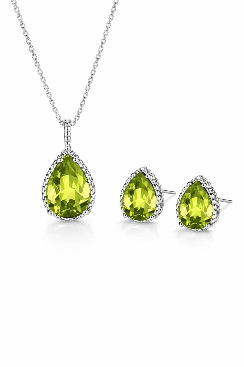 Set Bijuterii Lant Si Cercei Piatra Verde Galben, Forma Lacrima, Argint 925iu Zirconiu Cubic Zircon 5.7g