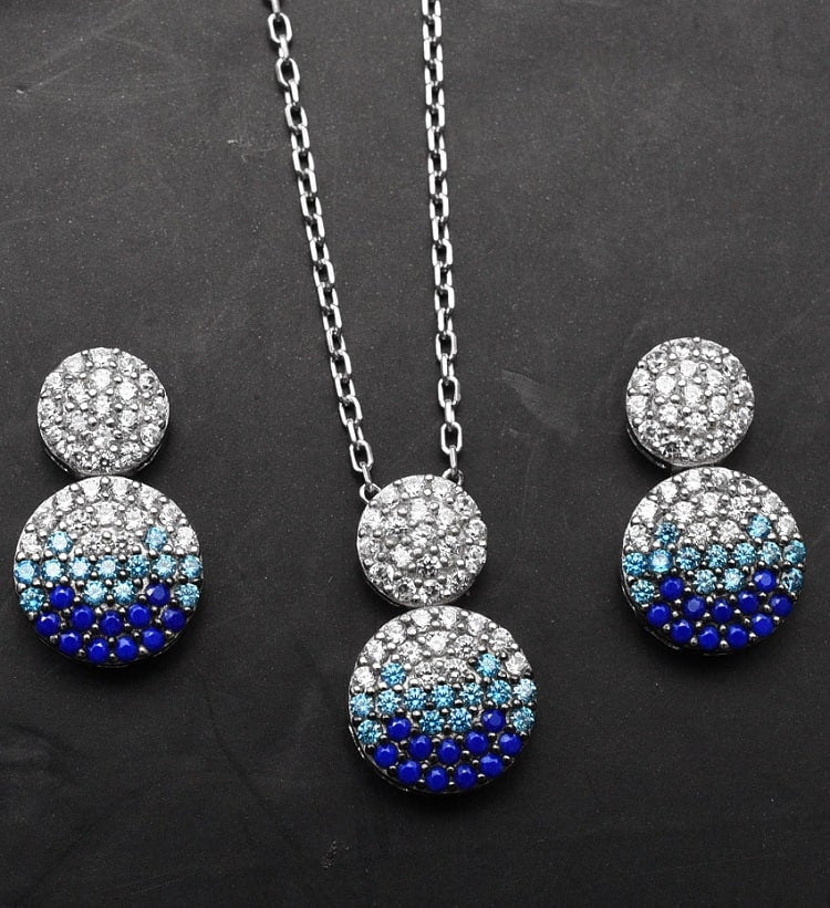 Set Cercei si Lantisor Din Argint S925 Albastru/Blue Model Lacrima 4.4g