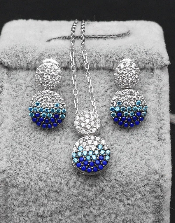 Set Cercei si Lantisor Din Argint S925 Albastru/Blue Model Lacrima 4.4g