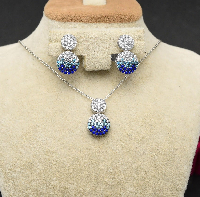 Set Cercei si Lantisor Din Argint S925 Albastru/Blue Model Lacrima 4.4g