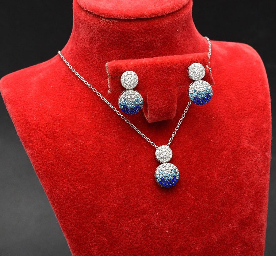 Set Cercei si Lantisor Din Argint S925 Albastru/Blue Model Lacrima 4.4g