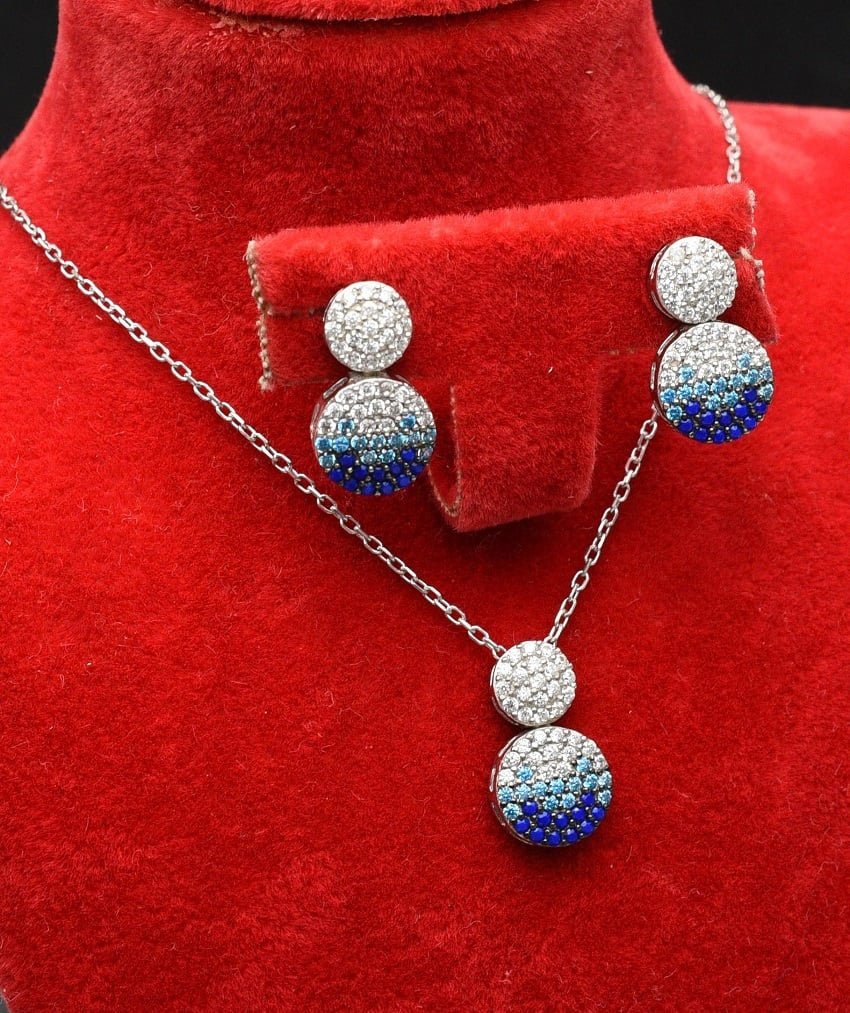 Set Cercei si Lantisor Din Argint S925 Albastru/Blue Model Lacrima 4.4g