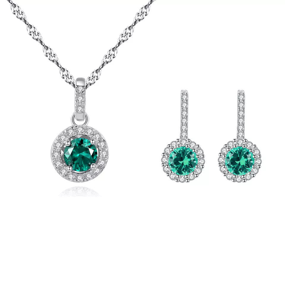 Set Cercei si Lantisor Din Argint S925 Zirconiu Smarald Verde 3.8g