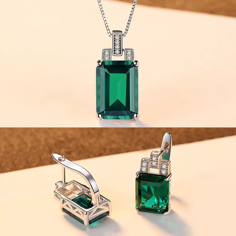 Set Cercei si Lantisor Din Argint S925 Zirconiu Smarald Verde 9.8g