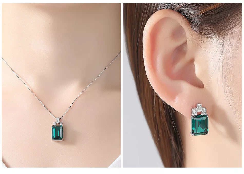 Set Cercei si Lantisor Din Argint S925 Zirconiu Smarald Verde 9.8g