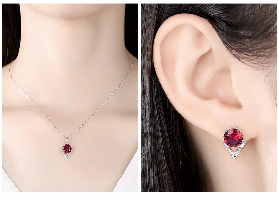 Set Cercei si Lantisor Din Argint 925 Zirconiu Rubin Gemstone Dainty Rosu 4.4g