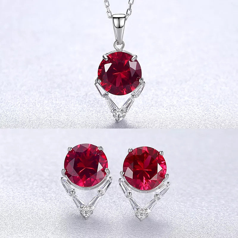 Set Cercei si Lantisor Din Argint 925 Zirconiu Rubin Gemstone Dainty Rosu 4.4g