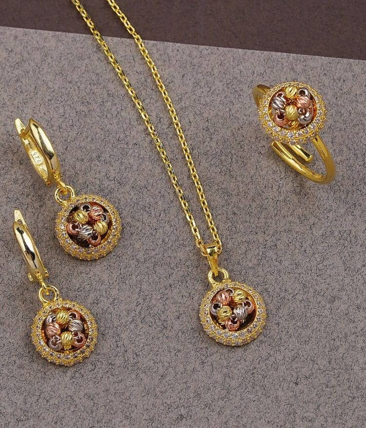 Set Colier, Cercei si Inel Din Argint 925 Auriu Rotund