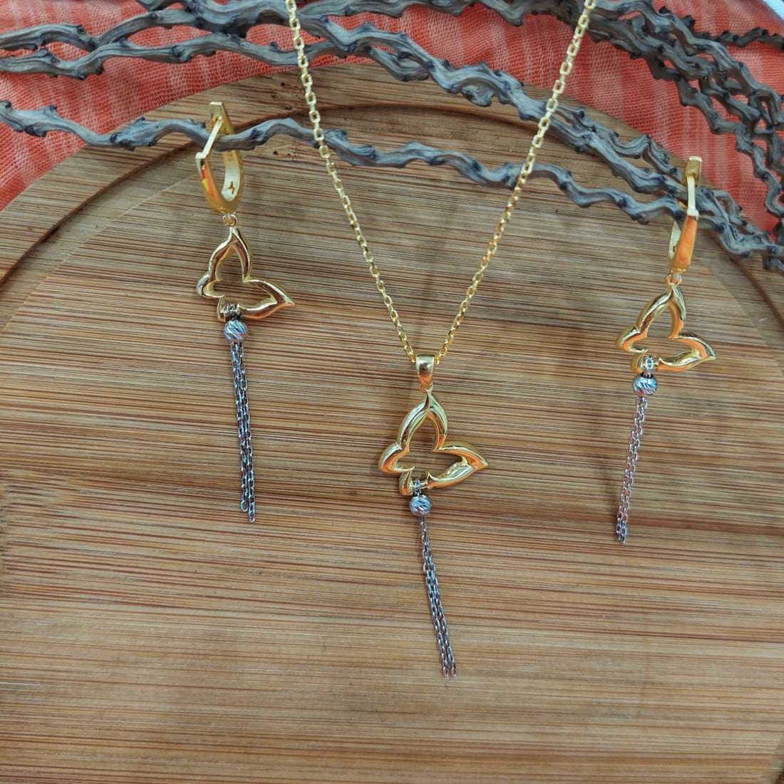 Set Colier si Cercei Din Argint 925 Auriu Fluturas