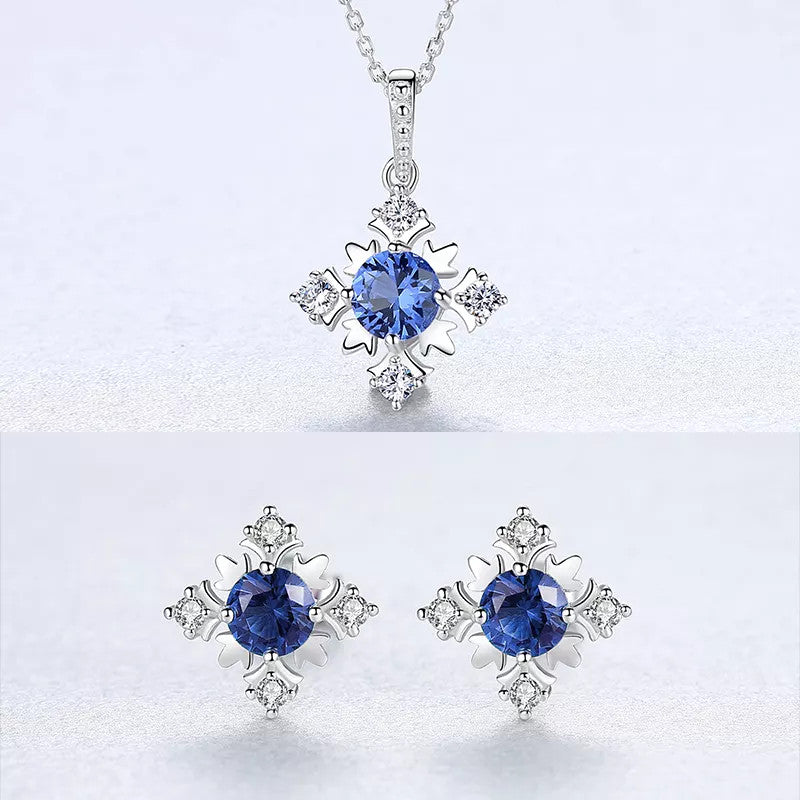 Set Colier si Cercei Din Argint 925 Piatra Snow Flake Blue Sapphire 3.1g