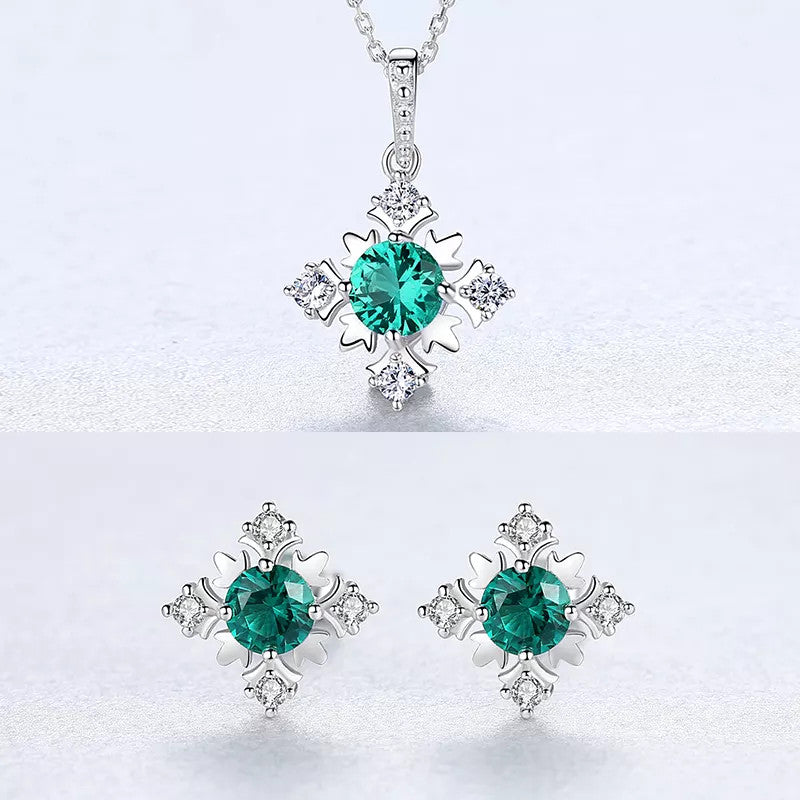 Set Colier si Cercei Din Argint 925 Piatra Snow Flake Green Verde