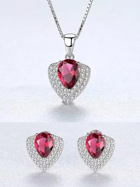 Set Colier si Cercei Din Argint 925 Water Drop Rosu Zirconiu 3.8g