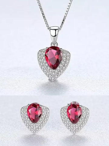 Set Colier si Cercei Din Argint 925 Water Drop Rosu Zirconiu 3.8g