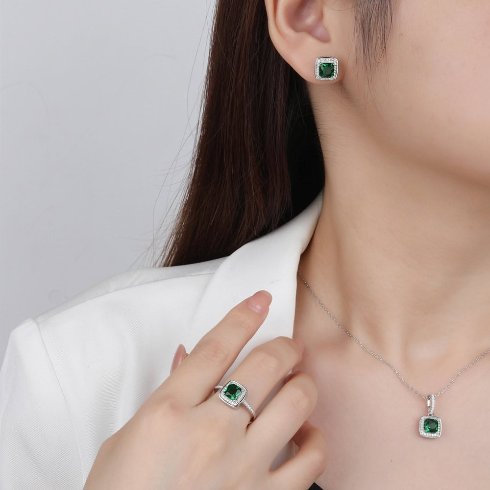 Set complet bijuterii argint 925, colier, cercei si inel, cu piatra smarald verde si zirconiu cubic, eleganta si rafinament Model