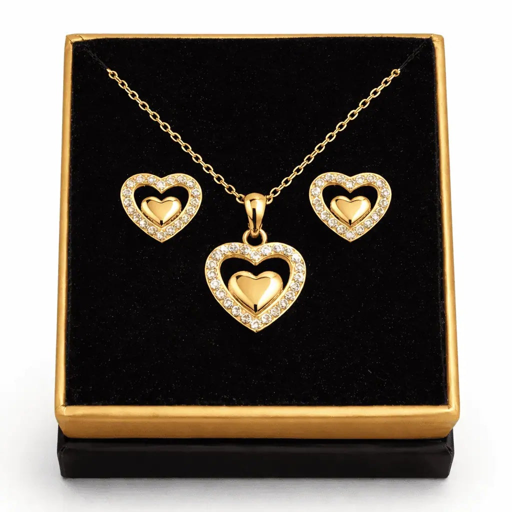 Set Din Argint 925 Placat Cu Aur – Inimioare Cu Pietre Zirconiu Set 206X