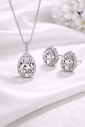 Set Zirconiu Transparent Bijuterii Femei Lant Si Cercei , Forma Lacrima, Argint 925iu Cubic Zircon 5.7g