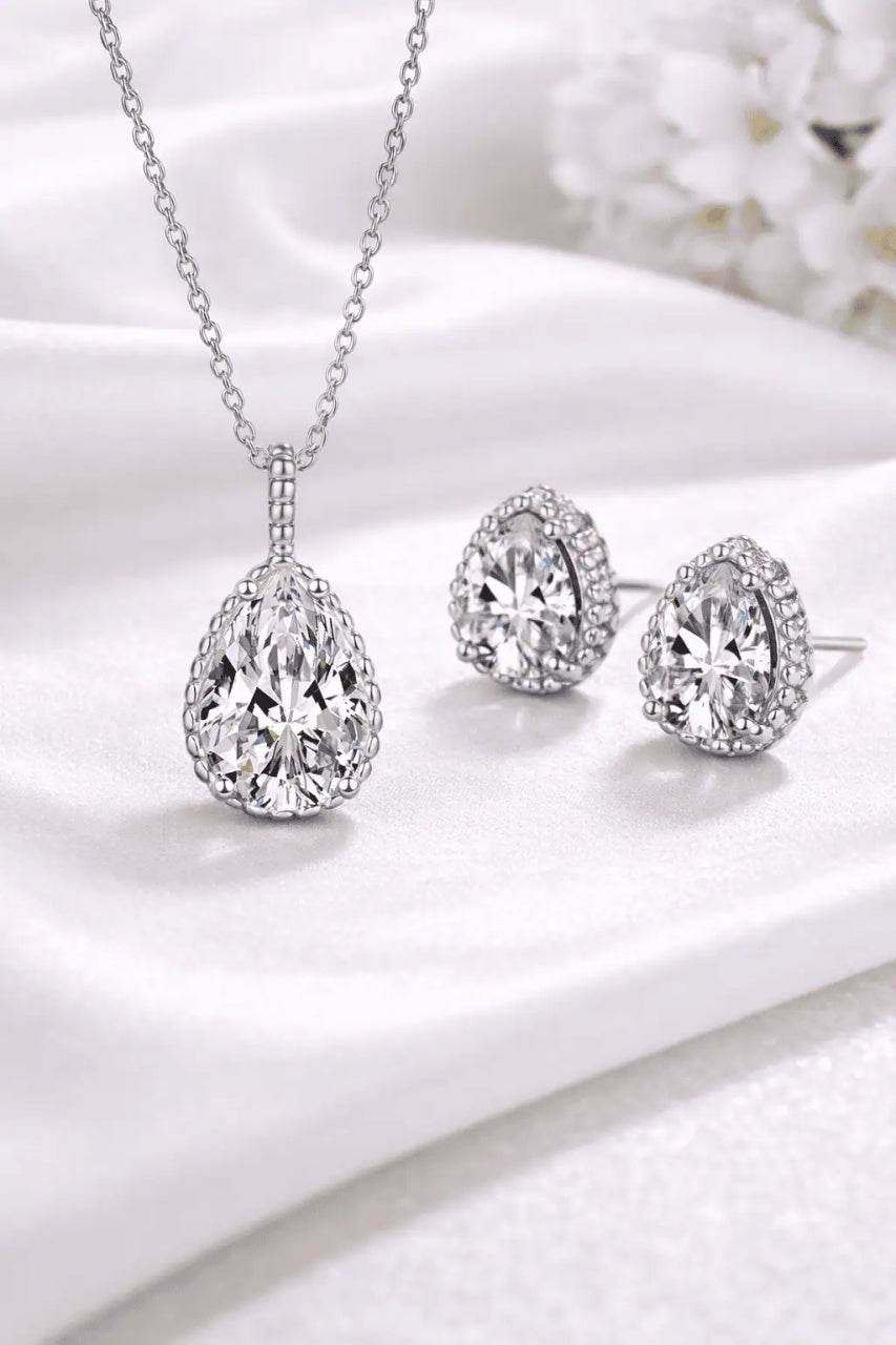 Set Zirconiu Transparent Bijuterii Femei Lant Si Cercei , Forma Lacrima, Argint 925iu Cubic Zircon 5.7g